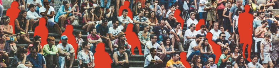 a crowd of people sitting on bleachers some of whom are replaced by red blank outlines indicating they are no longer among the crowd